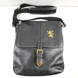 Vtg Cole Haan Messenger Bag Unisex Medium Black Leather Lion Crest Buckle Preppy